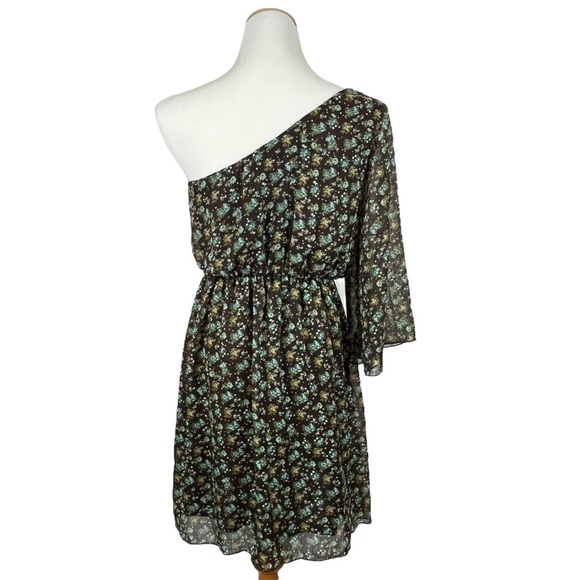 Y2K Brown & Aqua Floral Chiffon Fully Lined One Shoulder Dress Size Large - Picture 2 of 11